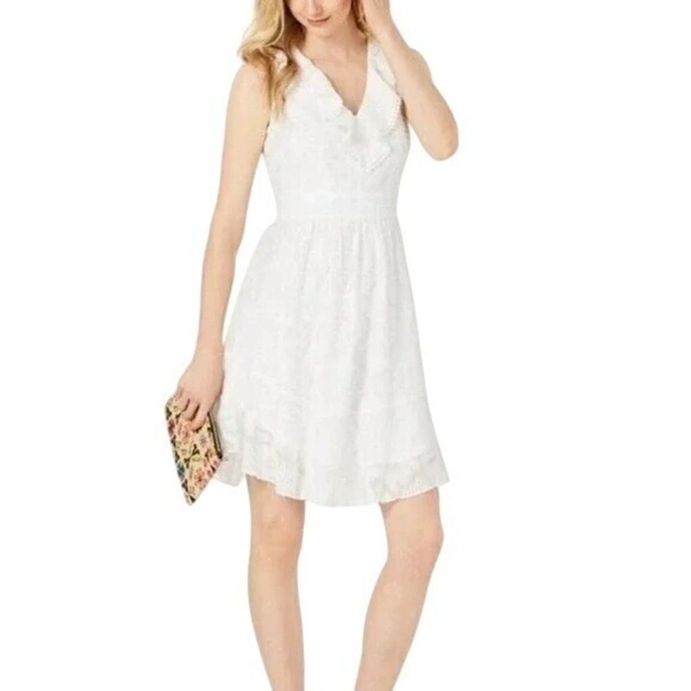 NWT Julia Jordan Dress Womens 8 White Lace‎ A-Line Ruffle Trim V-Neck Elegant